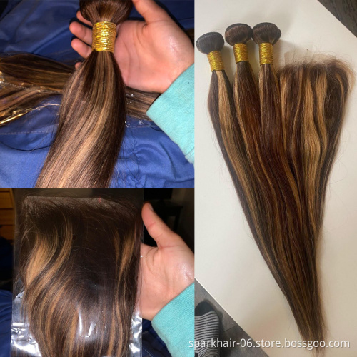 Factory Directly Straight Wave Highlight Human Hair Highlighted Bundles With Closure Virgin Human Hair Extensions Single Drawn